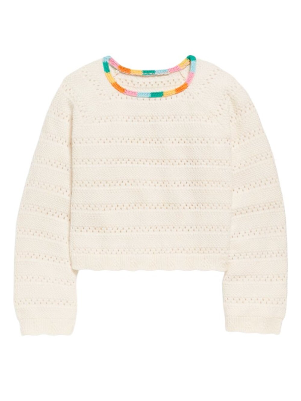 Girls Crochet Sweater L 10-12 Cream Rainbow Trim Cotton Old Navy